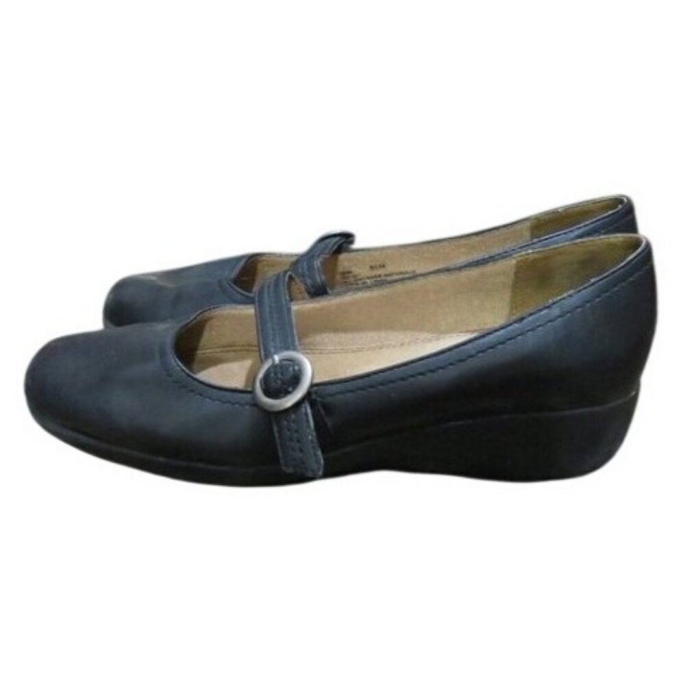 Lifestride Demi Black Vegan Leather Mary Jane Buckle Wedges 8.5 antifatigue